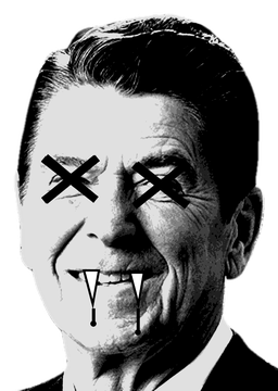 Ronald Reagan with crossed-out eyes and vampire fangs